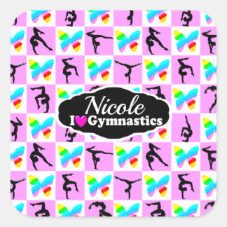 PRETTY PINK BUTTERFLY GYMNASTICS DESIGN SQUARE STICKER