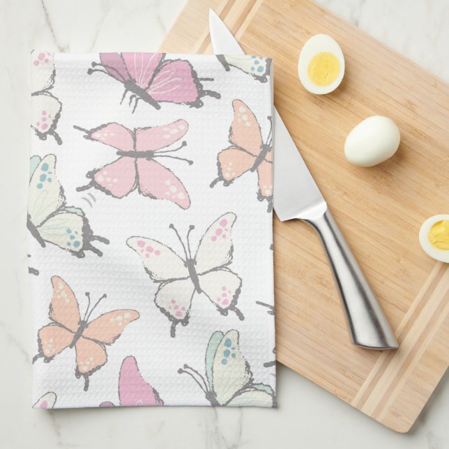 Pretty Pink Butterfly Pattern Tea Towel (Quarter Fold)