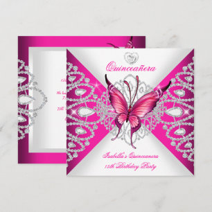 Pretty Pink Butterfly Tiara Quinceanera 15th Party Invitation
