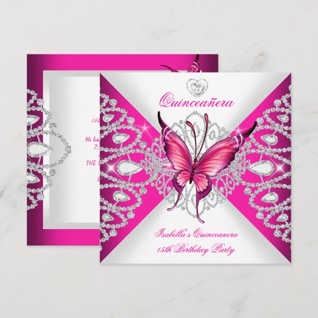 Pretty Pink Butterfly Tiara Quinceanera 15th Party Invitation (Front/Back)