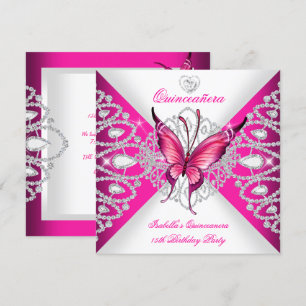Pretty Pink Butterfly Tiara Quinceanera 15th Party Invitation