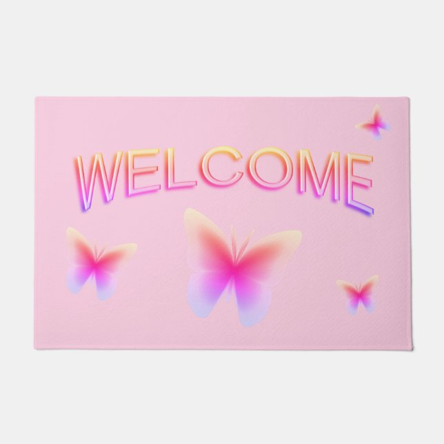 Pretty Pink Butterfly Welcome Doormat (Front)