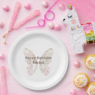 Pretty Pink Butterfly Wings Birthday Paper Plate