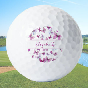 Pretty pink butterfly with custom name ladies  golf balls