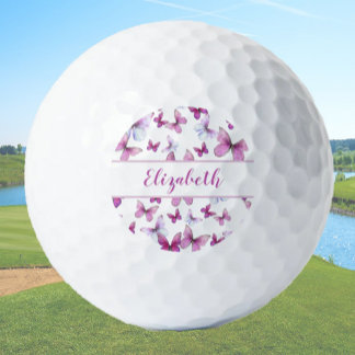 Pretty pink butterfly with custom name ladies golf balls