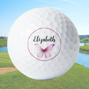 Pretty pink butterfly with custom name ladies golf balls