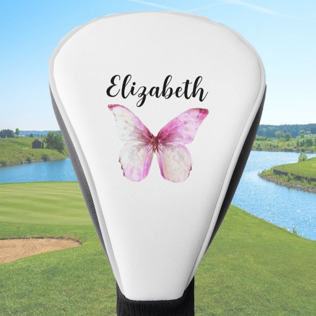 Pretty pink butterfly with custom name ladies golf head cover (Creator Uploaded)