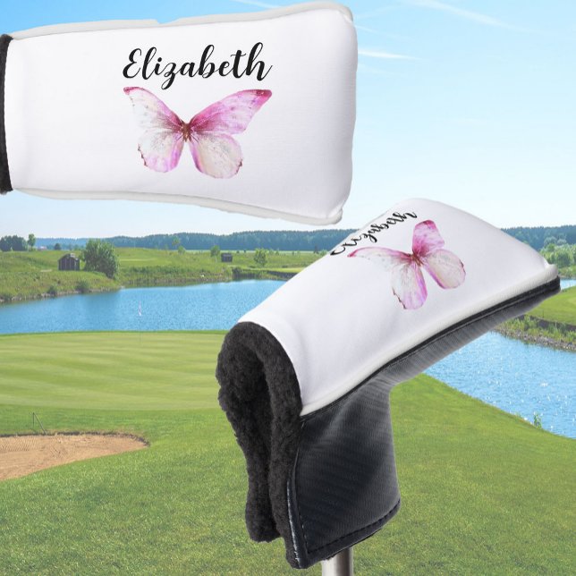 Pretty pink butterfly with custom name ladies golf head cover (Creator Uploaded)