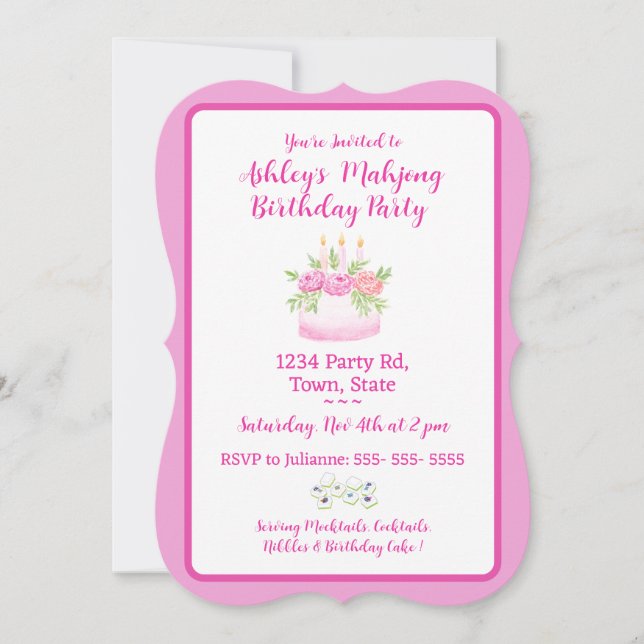 Pretty Pink Cake Mahjong Birthday Party Invitation (Front)