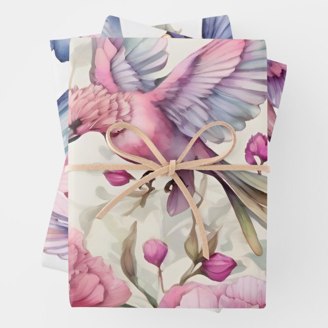 Pretty Pink Carnations Beautiful Bird Mix  Wrapping Paper Sheet (In situ)