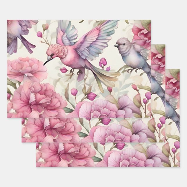 Pretty Pink Carnations Beautiful Pink Purple Bird  Wrapping Paper Sheet (Set)