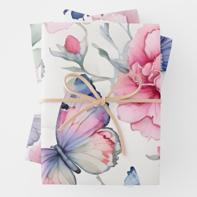 Pretty Pink Carnations Butterfly Bird Mix  Wrapping Paper Sheet (In situ)
