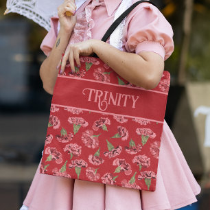 Pretty Pink Carnations on Red Personalized Tote Bag