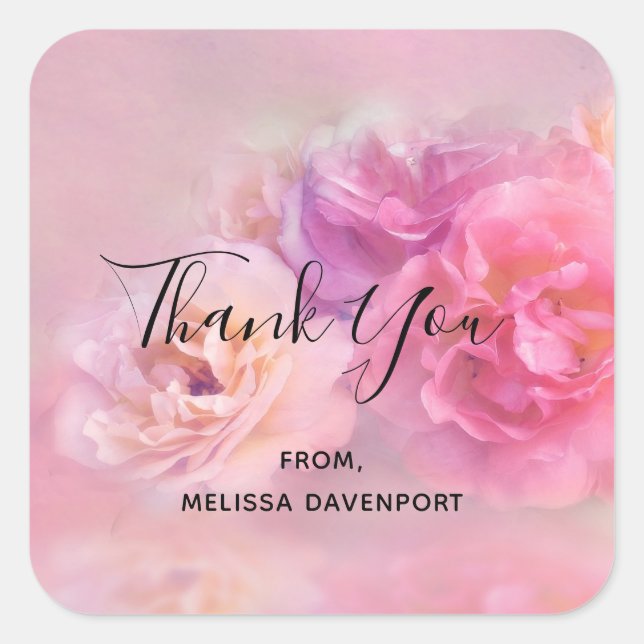 Pretty Pink Carnations Stylish Photo Thank You Square Sticker (Front)