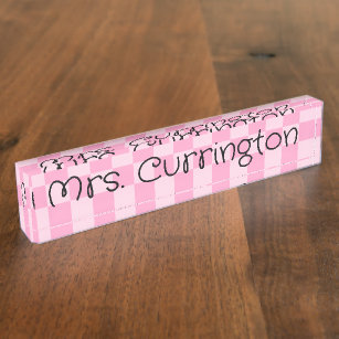 Pretty Pink Check Monoline Script Teacher Nameplate
