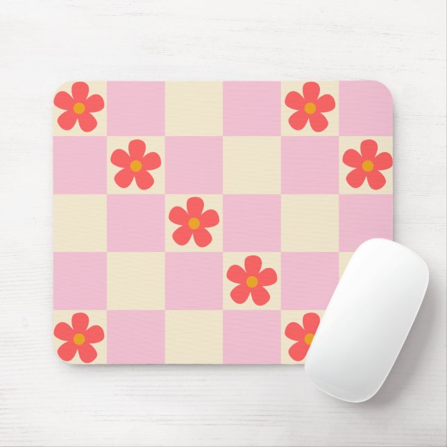 Pretty Pink Chequered & Orange Groovy Daisy Flower Mouse Mat (With Mouse)