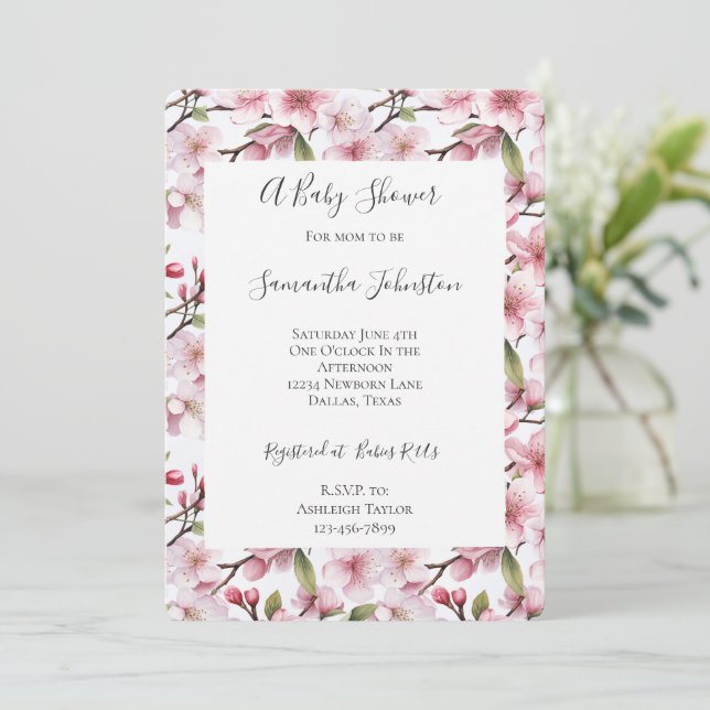 Pretty Pink Cherry Blossom Floral Baby Shower Invitation (Standing Front)