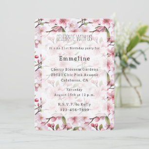 Pretty Pink Cherry Blossom Floral Birthday Invitation