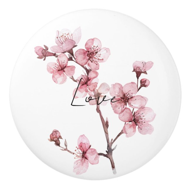 Pretty Pink Cherry Blossom Floral Love Ceramic Knob (Front)