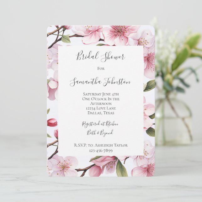 Pretty Pink Cherry Blossom Flowers Bridal Shower Invitation (Standing Front)