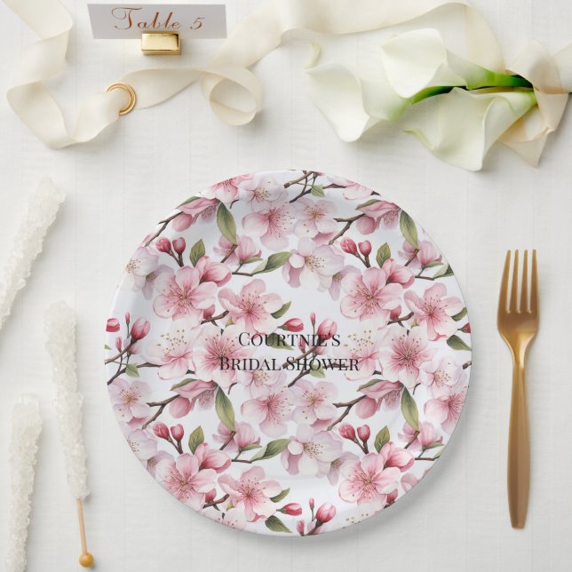 Pretty Pink Cherry Blossom Flowers Bridal Shower Paper Plate (Wedding)