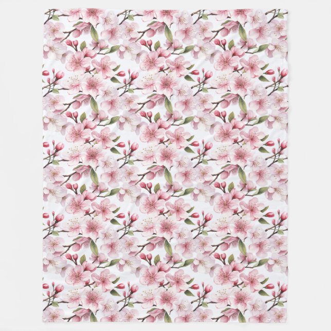 Pretty Pink Cherry Blossom Flowers Fleece Blanket (Front)