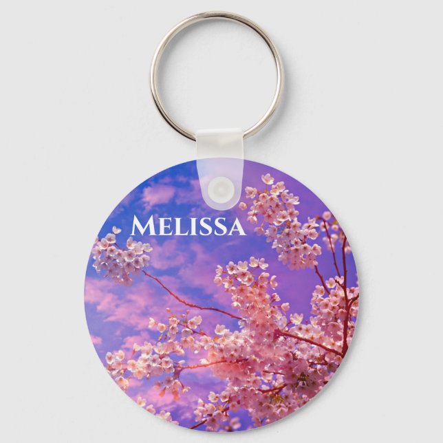 Pretty Pink Cherry Blossom Name Monogram Key Ring (Front)