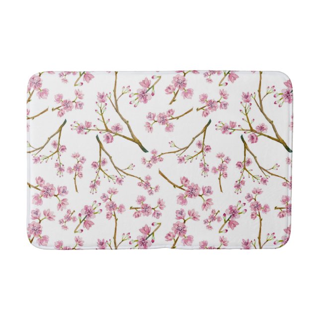 Pretty Pink Cherry Blossom Watercolor Pattern Bath Mat (Front)