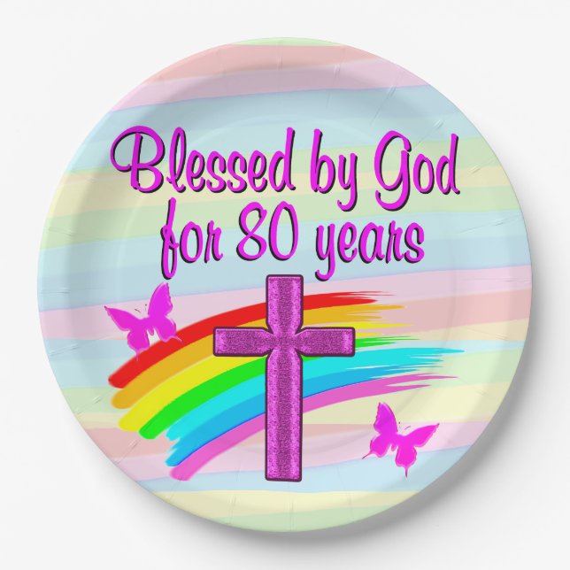 PRETTY PINK CHRISTIAN 80TH BIRTHDAY PAPER PLATES (Front)