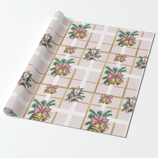 Pretty Pink Christmas Bells Wrapping Paper (Unrolled)