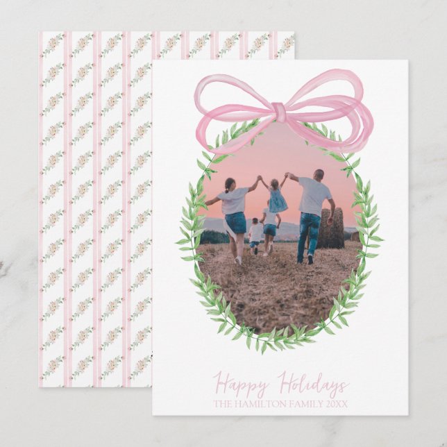 Pretty Pink Christmas Coquette Bow Wreath Photo Holiday Card (Front/Back)