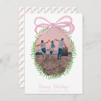 Pretty Pink Christmas Coquette Bow Wreath Photo Holiday Card