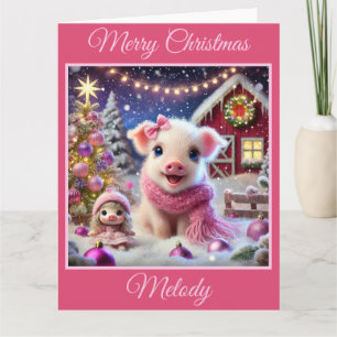 Pretty Pink Christmas Pig on the Farm Card