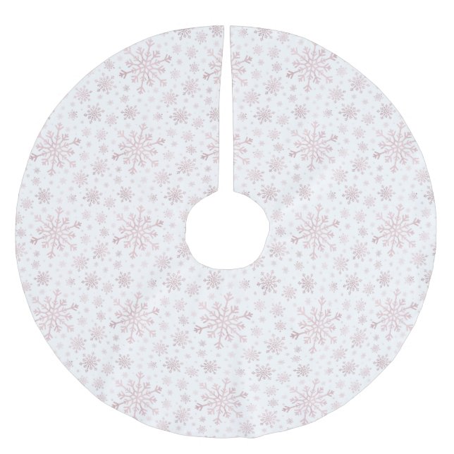 Pretty Pink Christmas Snowflakes on Winter White  Brushed Polyester Tree Skirt (Front)