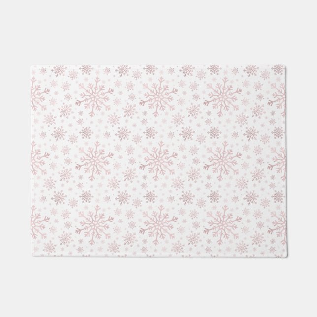 Pretty Pink Christmas Snowflakes on Winter White   Doormat (Front)