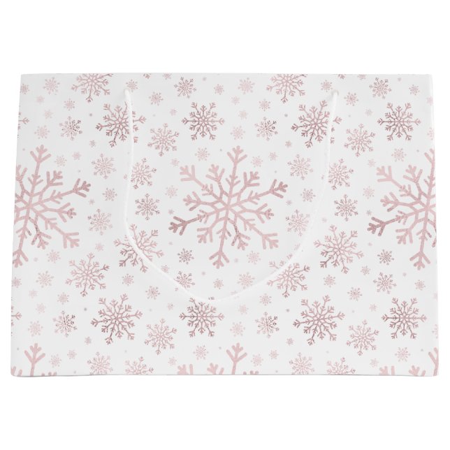 Pretty Pink Christmas Snowflakes on Winter White  Large Gift Bag (Front)