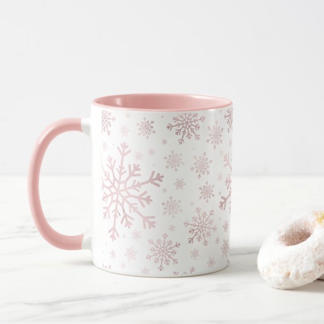 Pretty Pink Christmas Snowflakes on Winter White Mug (With Donut)