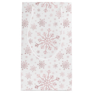 Pretty Pink Christmas Snowflakes on Winter White   Small Gift Bag