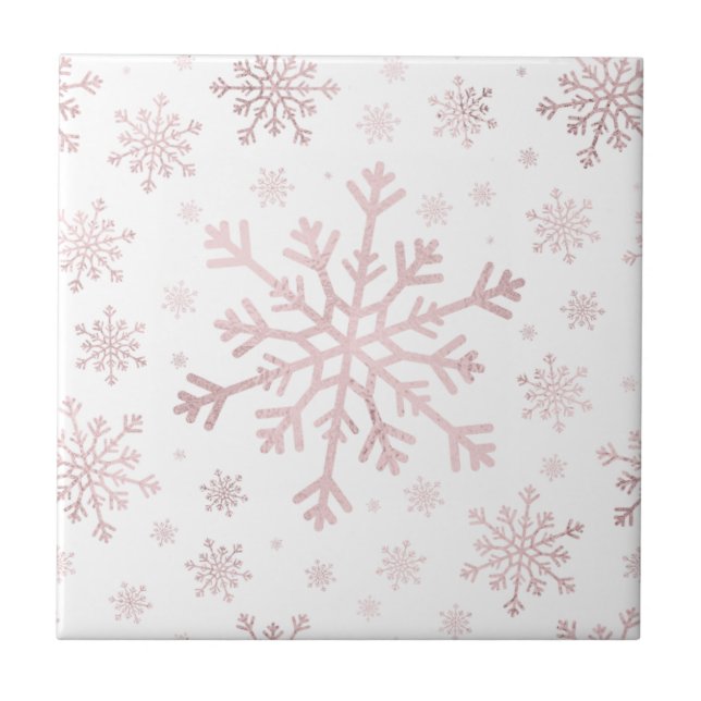 Pretty Pink Christmas Snowflakes on Winter White Tile (Front)