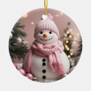 Pretty Pink Christmas Snowman Ceramic Tree Decoration