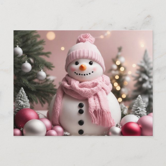 Pretty Pink Christmas Snowman Postcard (Front)