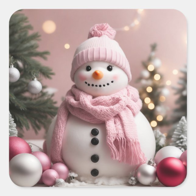 Pretty Pink Christmas Snowman Square Sticker (Front)