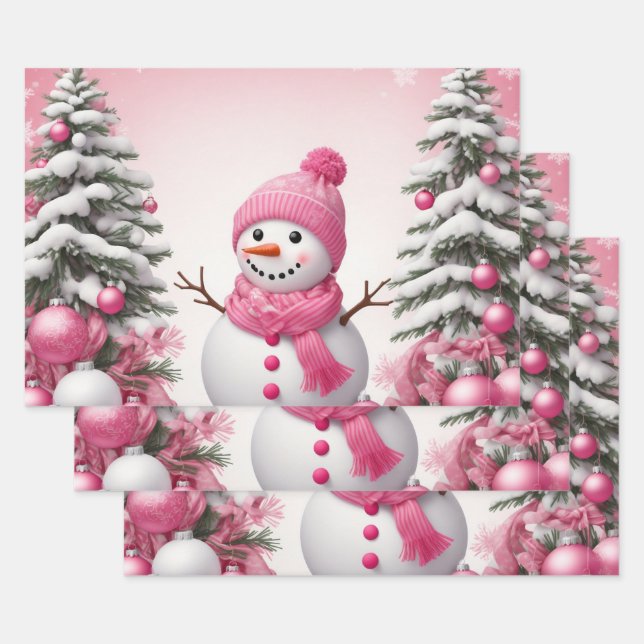 Pretty Pink Christmas Snowman & Trees Wrapping Paper Sheet (Set)