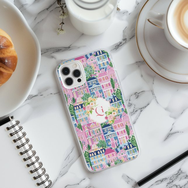 Pretty Pink Cityscape | Floral Initial Monogram  Case-Mate iPhone Case (Creator Uploaded)