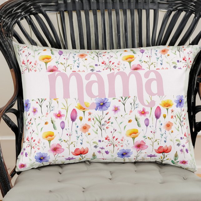 Pretty Pink Colourful Wildflower Pattern Mama Decorative Cushion (Mama accent pillow from my Mother's Day Wildflower Collection)