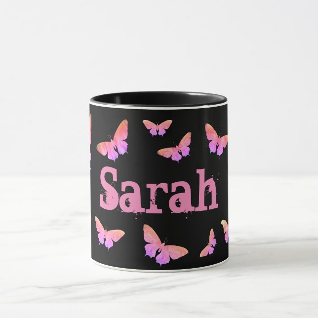 Pretty Pink Cool Butterfly Pop Art Add Name Sarah Mug (Center)