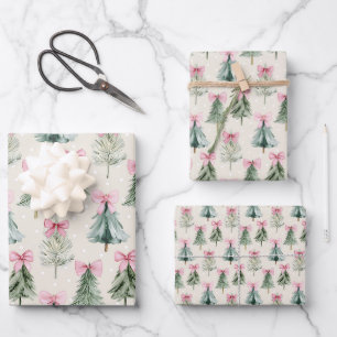 Pretty Pink Coquette Bow Christmas Tree Pattern Wrapping Paper Sheet