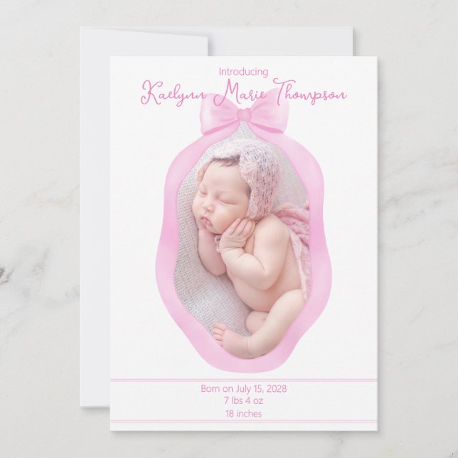 Pretty Pink Coquette Bow Ribbon Birth Announcement (Front)