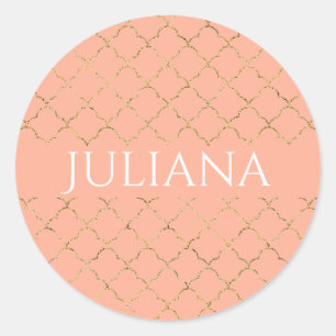 Pretty Pink Coral Gold Quatrefoil Personalised  Classic Round Sticker