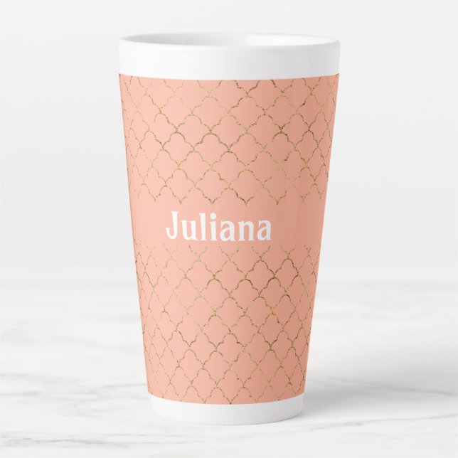 Pretty Pink Coral Gold Quatrefoil Personalised  Latte Mug (Front)